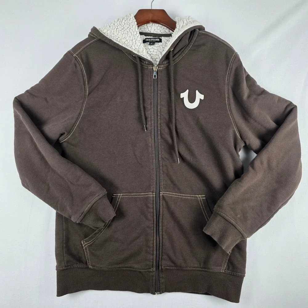 True Religion Mens Brown Sherpa Lined Full Zip Buddha Logo Hoodie Small